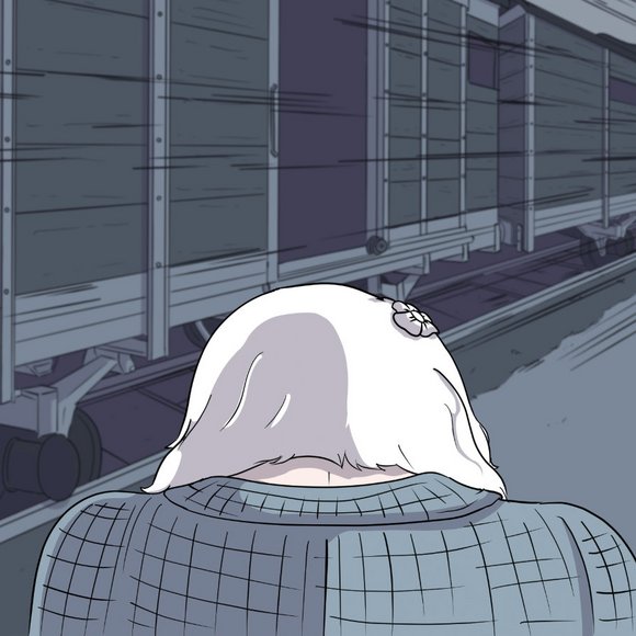 Zeichnung einer Frau von Hinten, die am Bahnsteig steht.