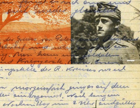 „Eine in drei Felder unterteilte Postkarte: oben links ein Blick in eine Landschaft, oben rechts ein Porträtfoto eines Soldaten, unten ein handschriftlich beschriebenes Feld.“