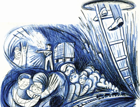 Zeichnung in blauen Farbtönen von Menschen in einem Zug.