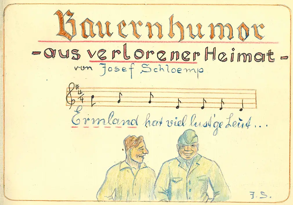 Titelseite eines handschriftlichen Erinnerungsalbums von Josef Schloemp (ohne Signatur). Die Erfahrung des Heimatverlusts wird durch die rote Unterstreichung besonders betont.