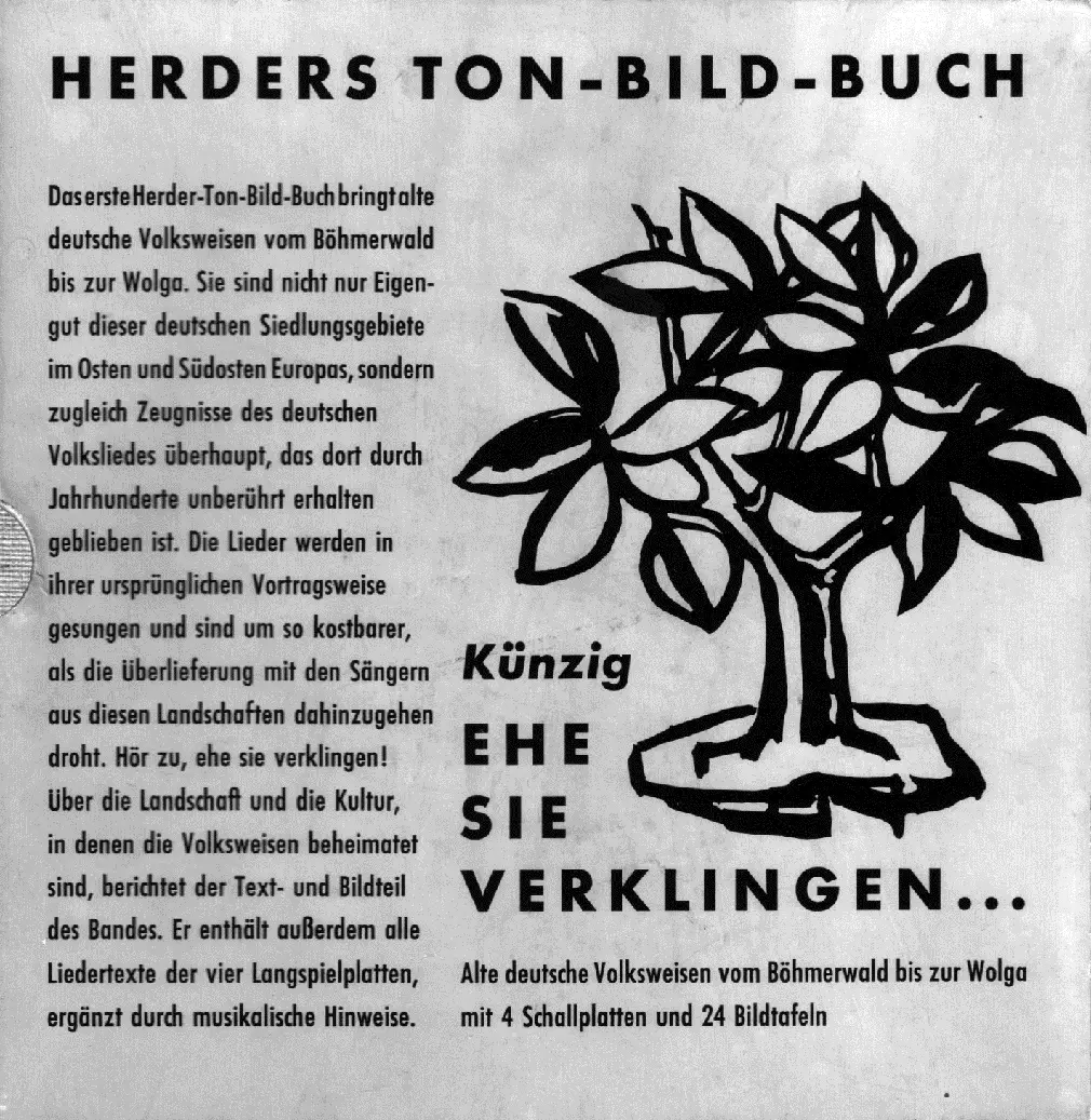 Hülle des ersten Ton-Bild-Buches Johannes Künzigs mit dem programmatischen Titel „Ehe sie verklingen …“, Freiburg 1958
