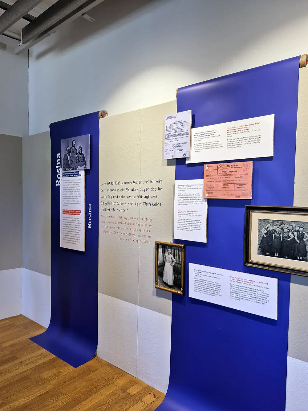 Ausstellungswände mit Bildern und Texttafeln.