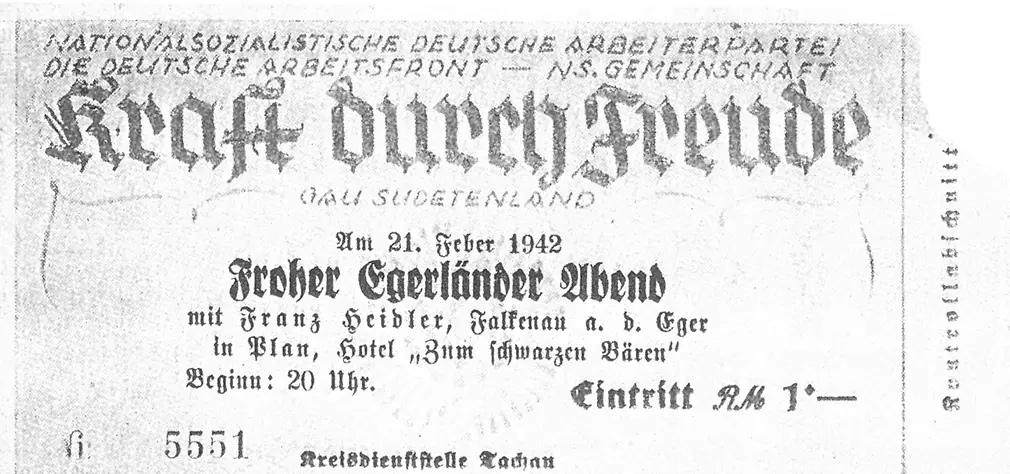 Eintrittskarte für einen „Egerländer Abend“ in Falkenau, 21.2.1942.