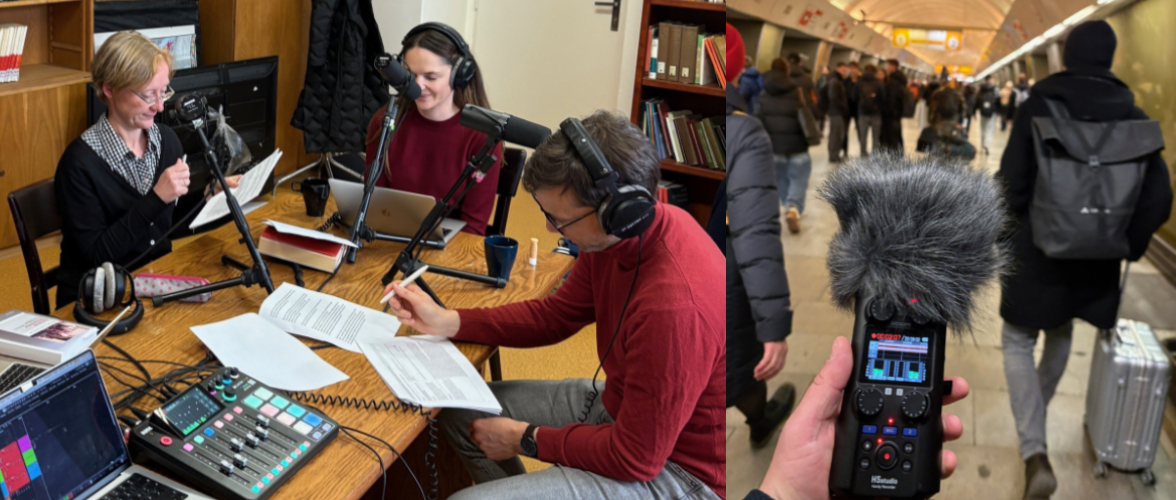 Fotocollage bestehend aus einem Foto von Tonaufnahmen für einen Podcast in einem Innenraum und einem Foto in der Prager Metro.