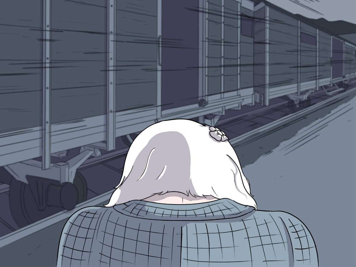 Zeichnung einer Frau von Hinten, die am Bahnsteig steht.